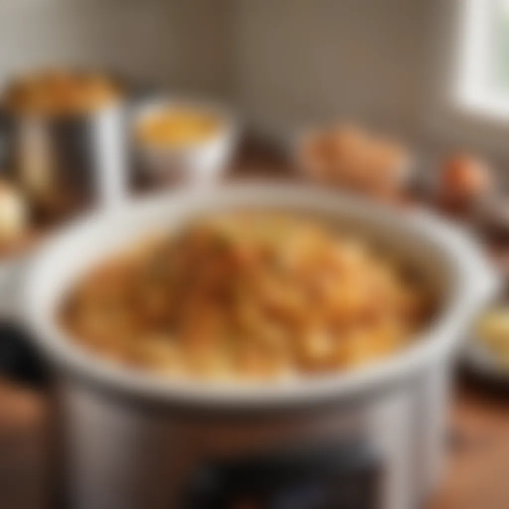 A close-up view of the slow cooker filled with bubbling hashbrown casserole