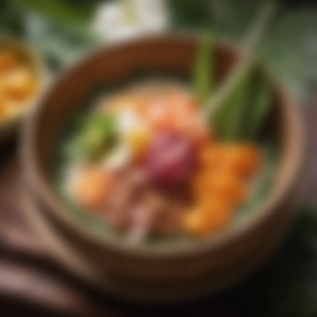 A close-up of traditional Hawaiian poi served in a beautiful bowl with tropical decorations