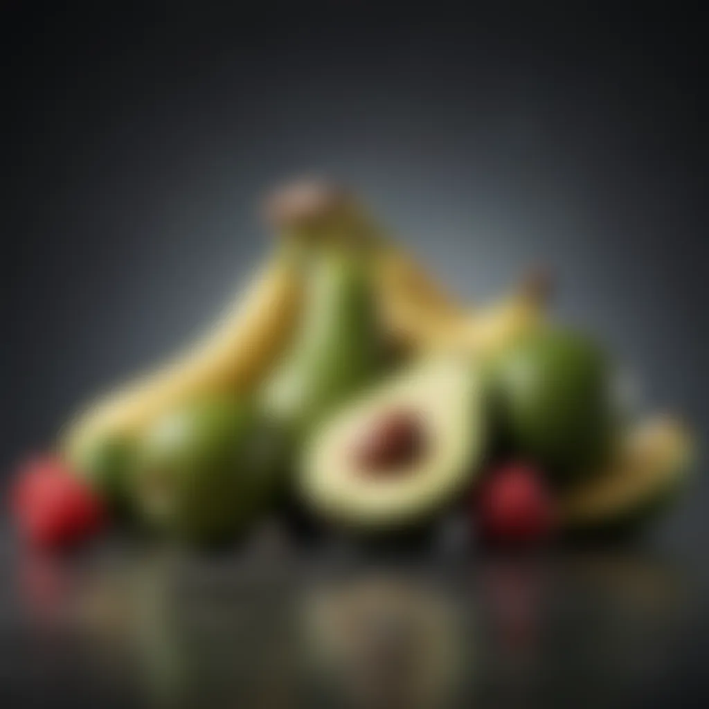 A vibrant display of potassium-rich fruits including bananas and avocados.