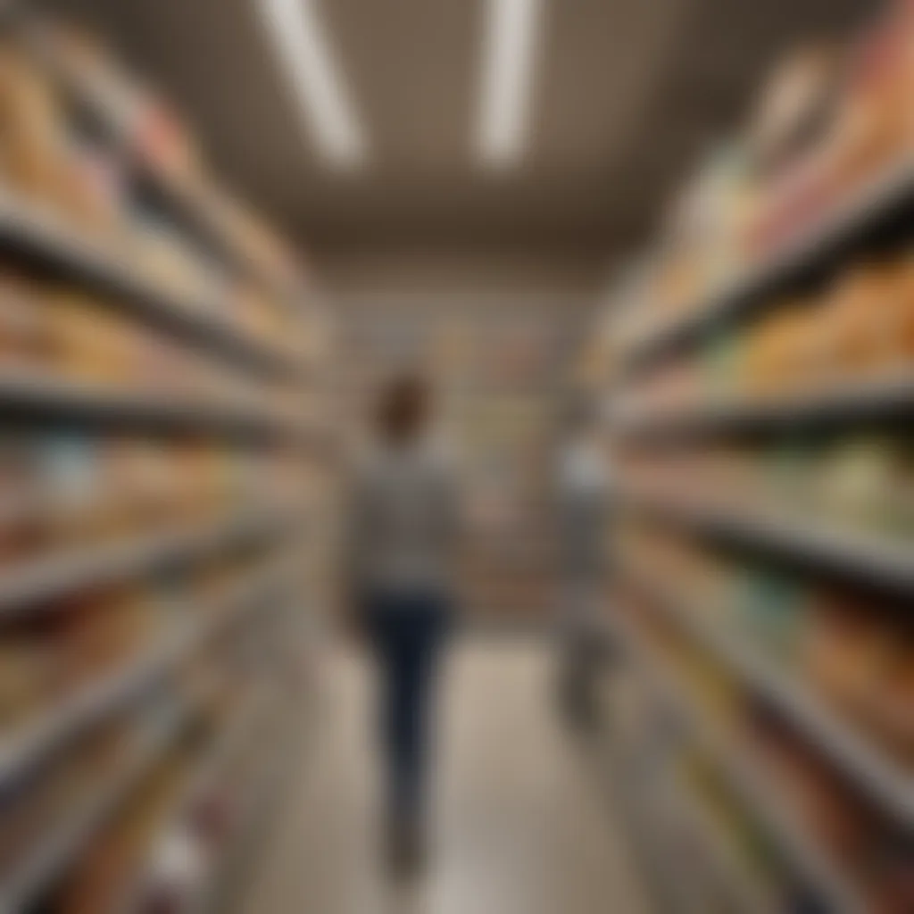 A person selecting healthy snacks from a grocery store aisle.