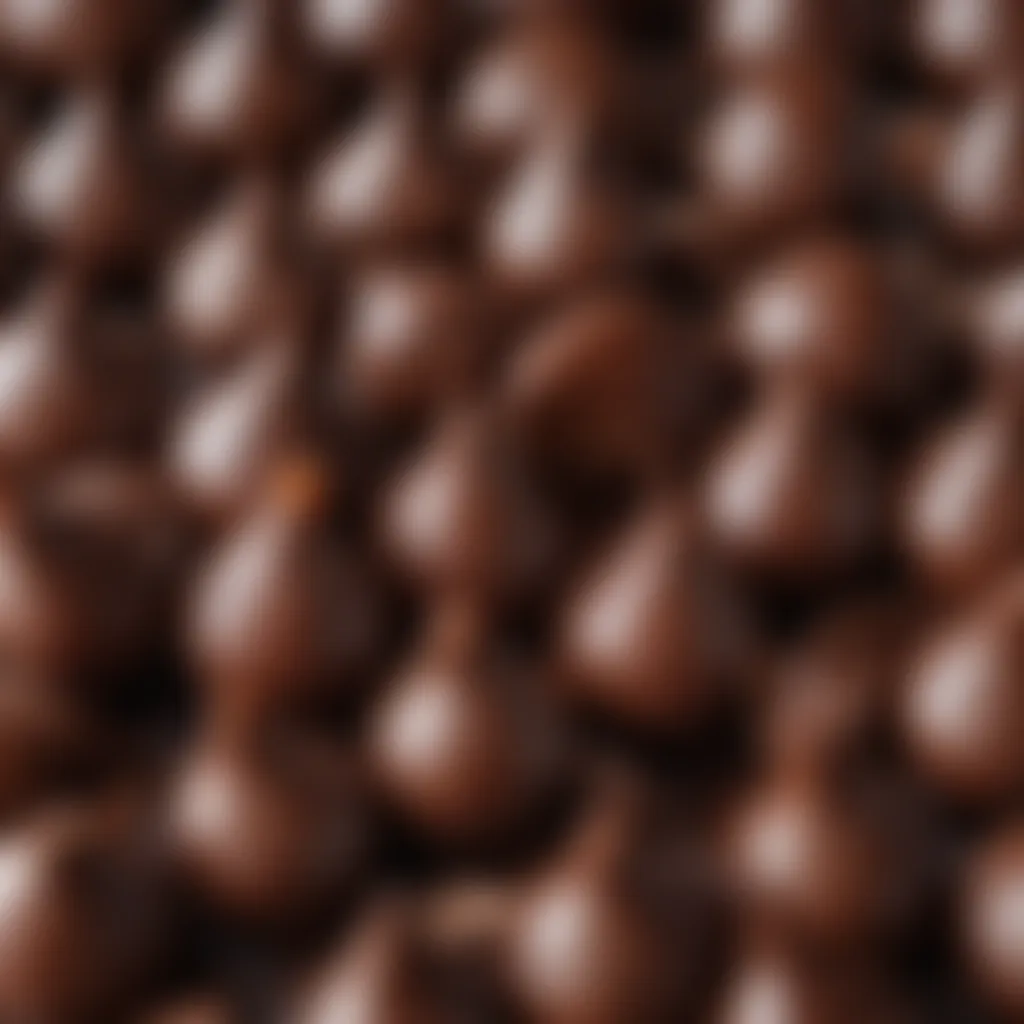 A close-up of Hershey Kisses highlighting their glossy chocolate exterior.