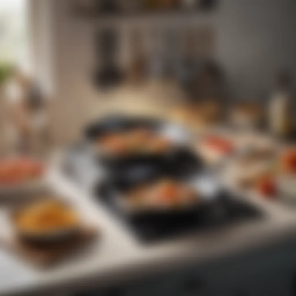 A neatly arranged kitchen featuring various induction frying pans and cooking utensils.