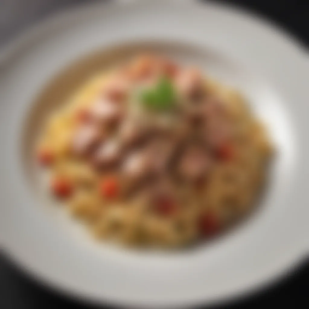 Gourmet Tuna Pasta Delight A gourmet tuna pasta dish featuring elegant plating and garnishes