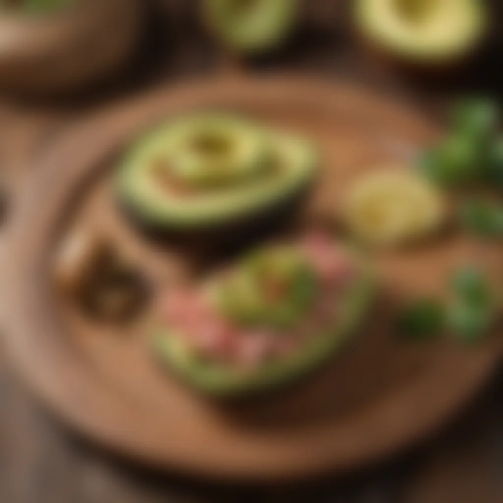 A healthy tuna-stuffed avocado served on a rustic wooden table