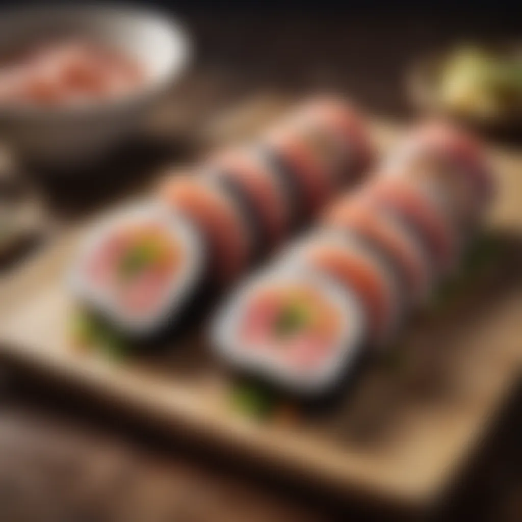 A creative sushi roll showcasing canned tuna with a variety of ingredients