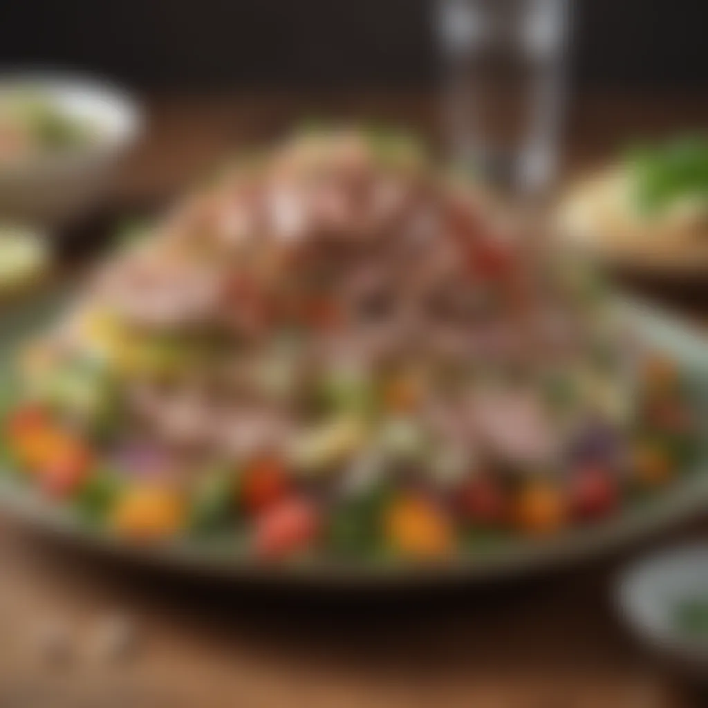 Colorful Tuna Salad Presentation A vibrant tuna salad adorned with fresh vegetables and herbs