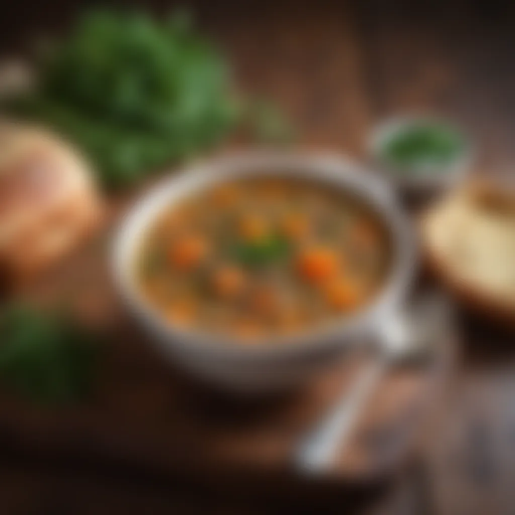 A steaming bowl of hearty lentil soup garnished with herbs