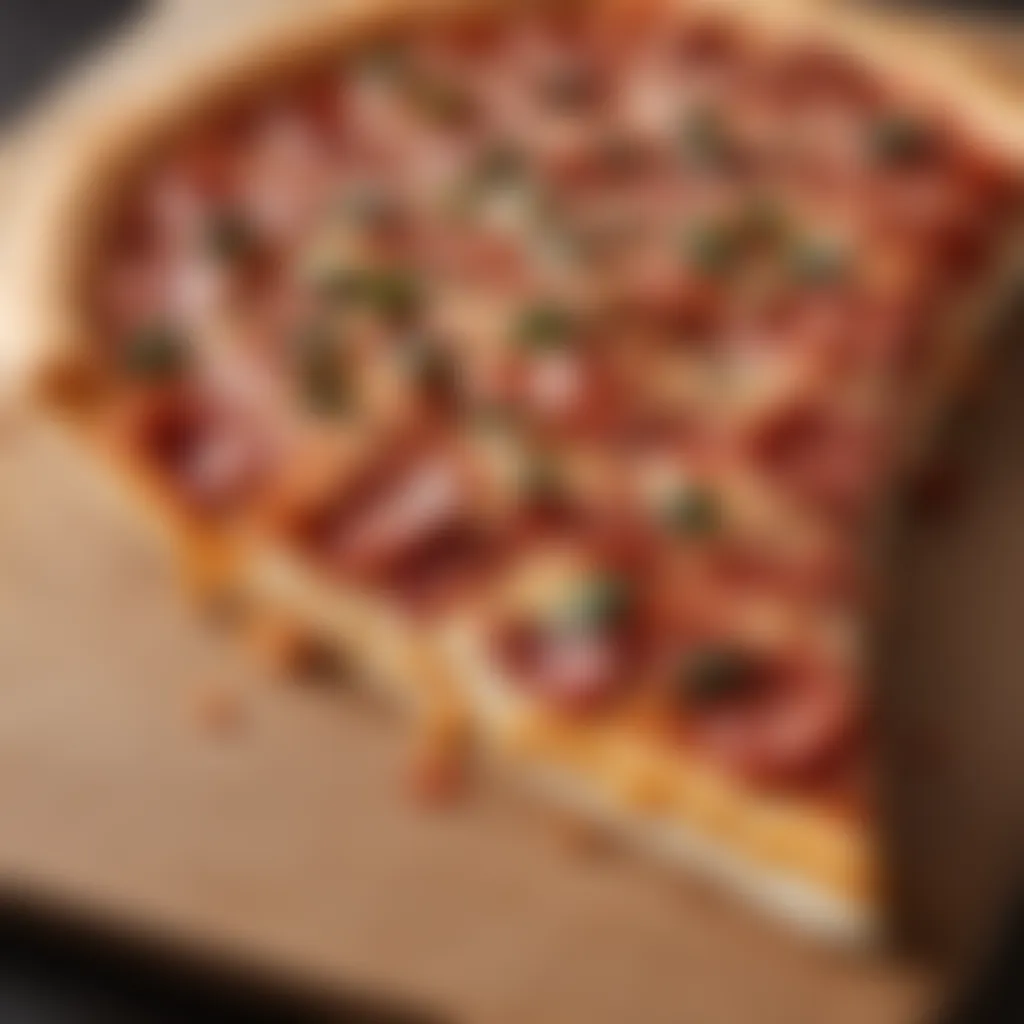 Close-up of a delicious slice of Jets Pizza highlighting fresh ingredients