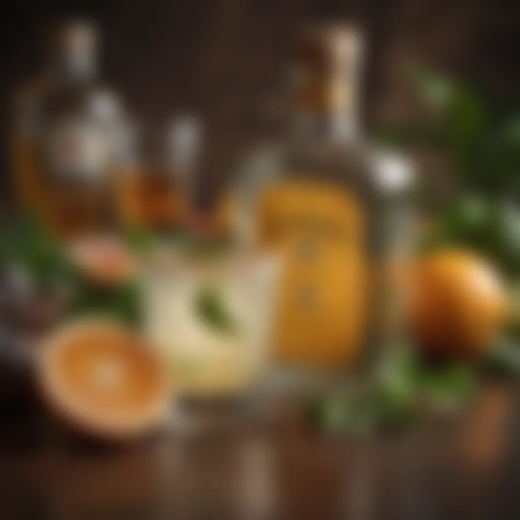 A close-up of a refreshing tequila-based drink surrounded by fresh ingredients like citrus and herbs.