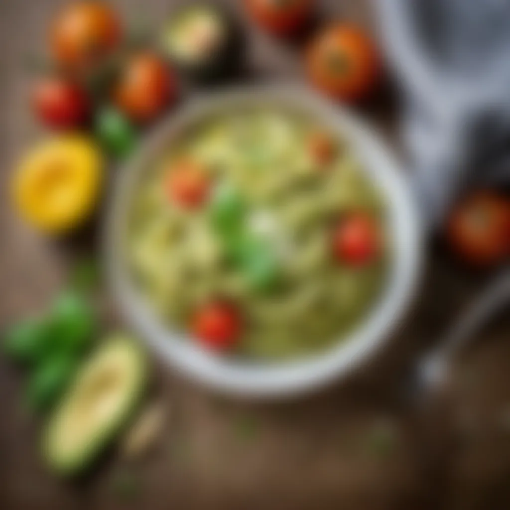 A bowl of creamy avocado pasta with cherry tomatoes