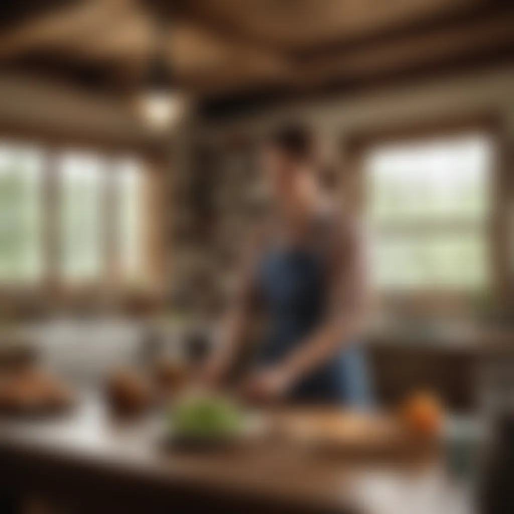 Pioneer woman tending to a rustic farmhouse