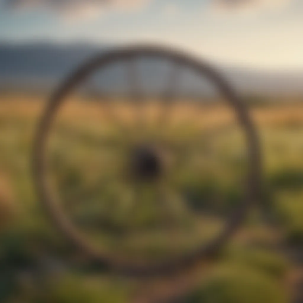 Vintage wagon wheel in a vast prairie landscape