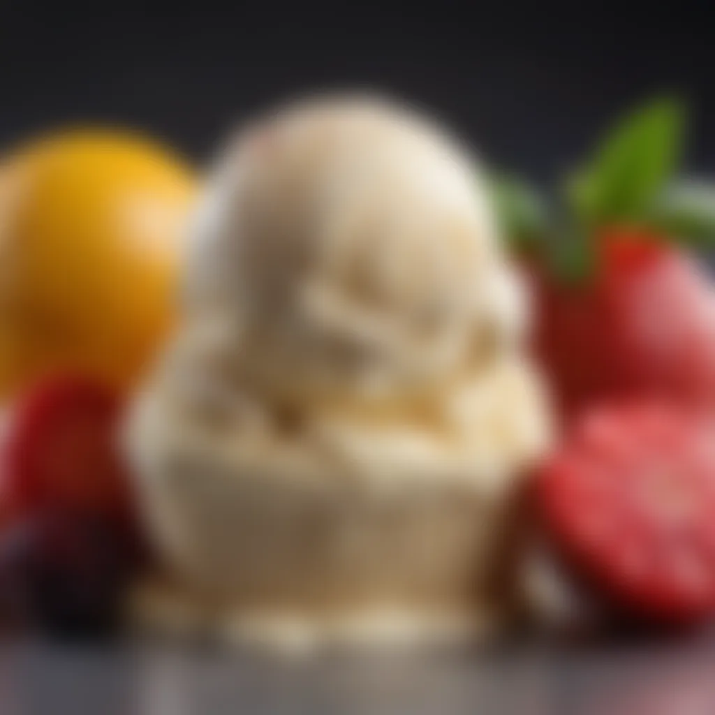 A close-up of gourmet alcohol ice cream garnished with fresh fruits