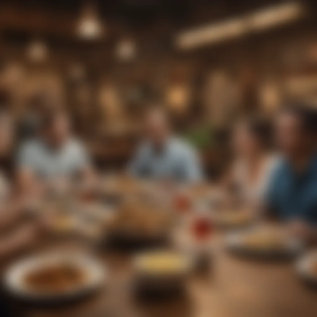 A diverse group of diners enjoying catfish dishes at a vibrant restaurant