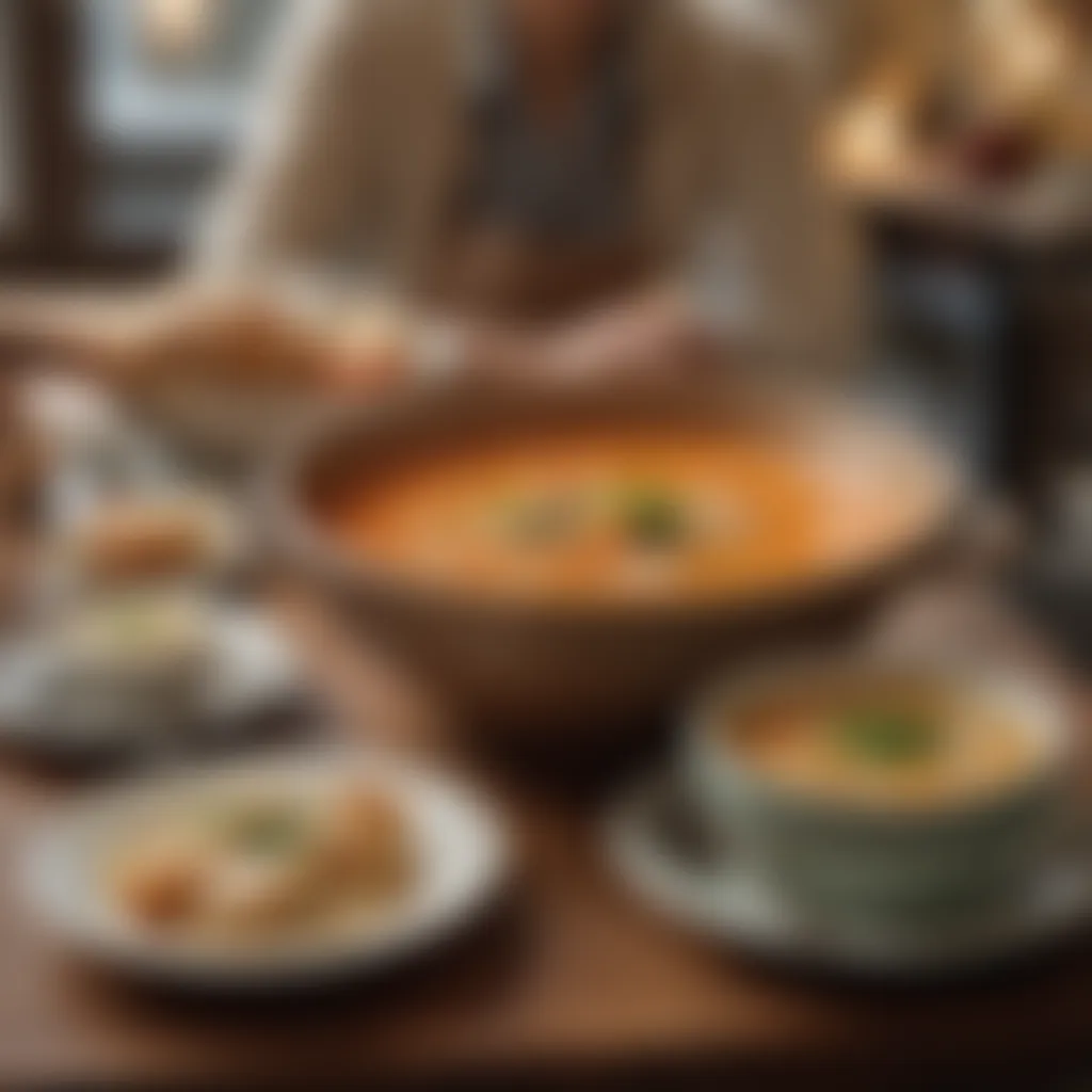 A cozy café setting with patrons enjoying bowls of fish soup