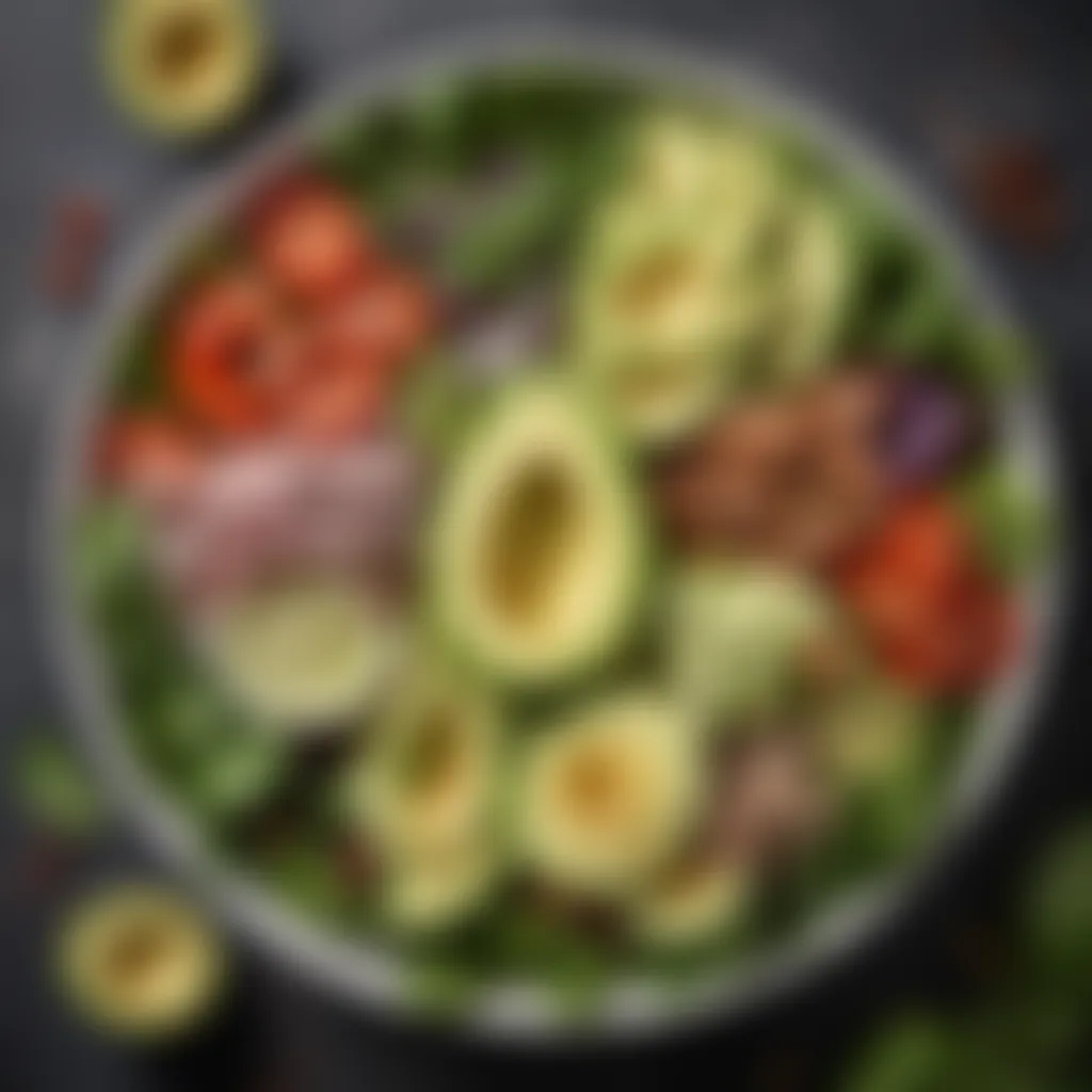 A close-up of a delicious salad featuring leafy greens, avocado, and a variety of toppings.