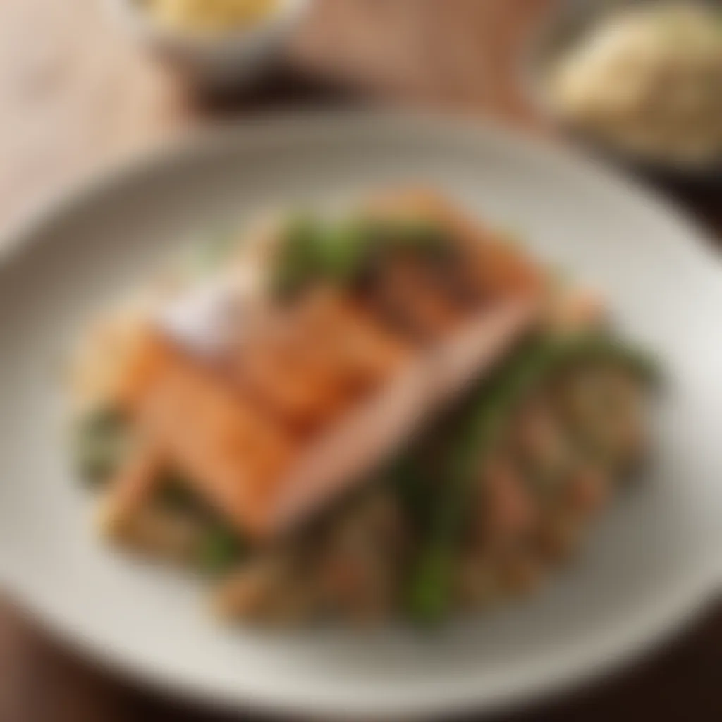 An elegant plated dish featuring grilled salmon with a side of quinoa and asparagus.