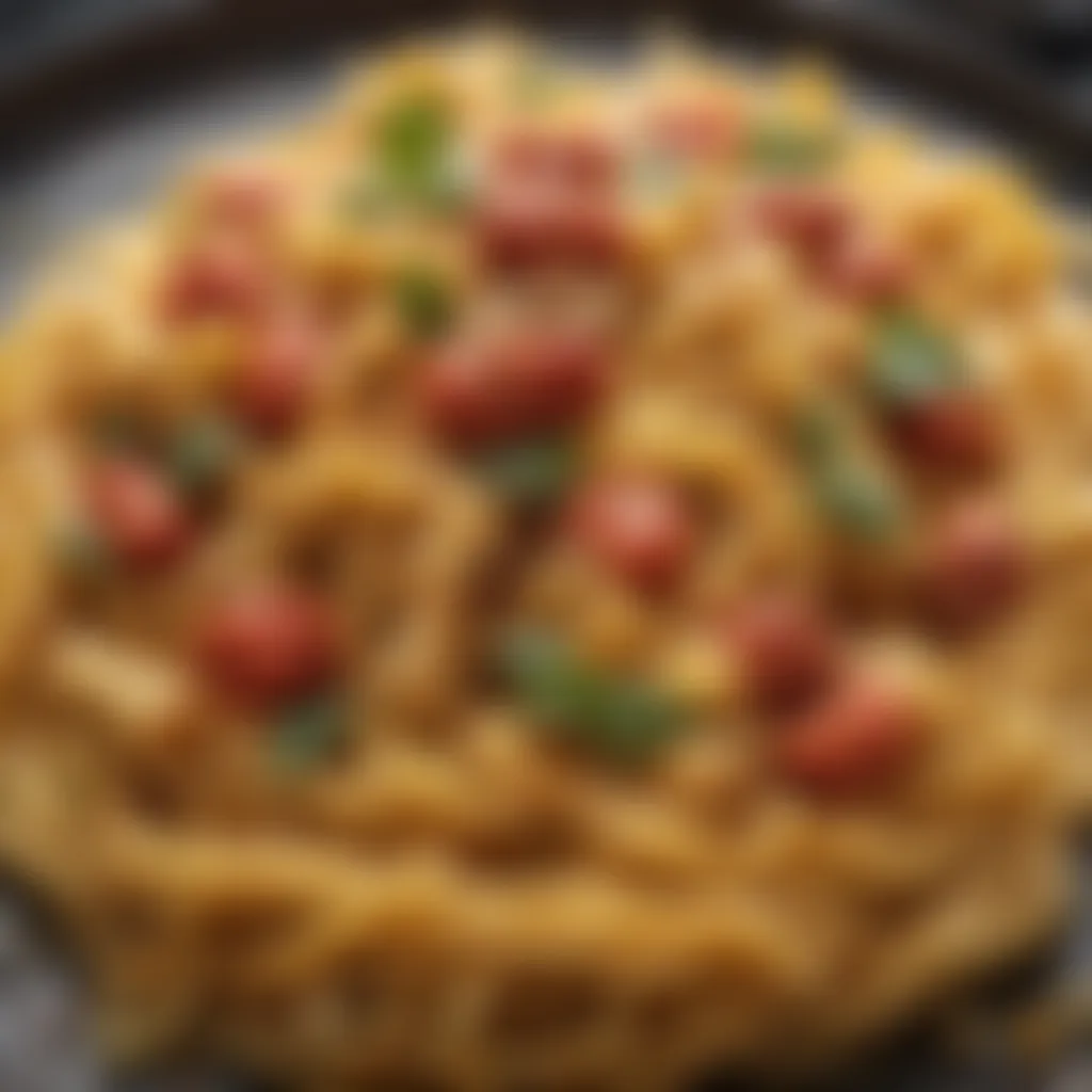 Close-up of a delicious low fat pasta recipe garnished with spices and sauces