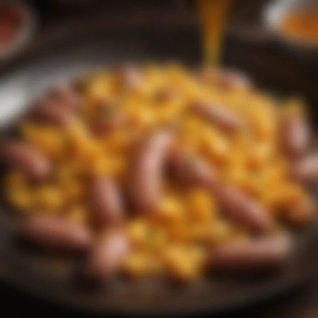 A close-up of mango pieces being incorporated into sausage mixture