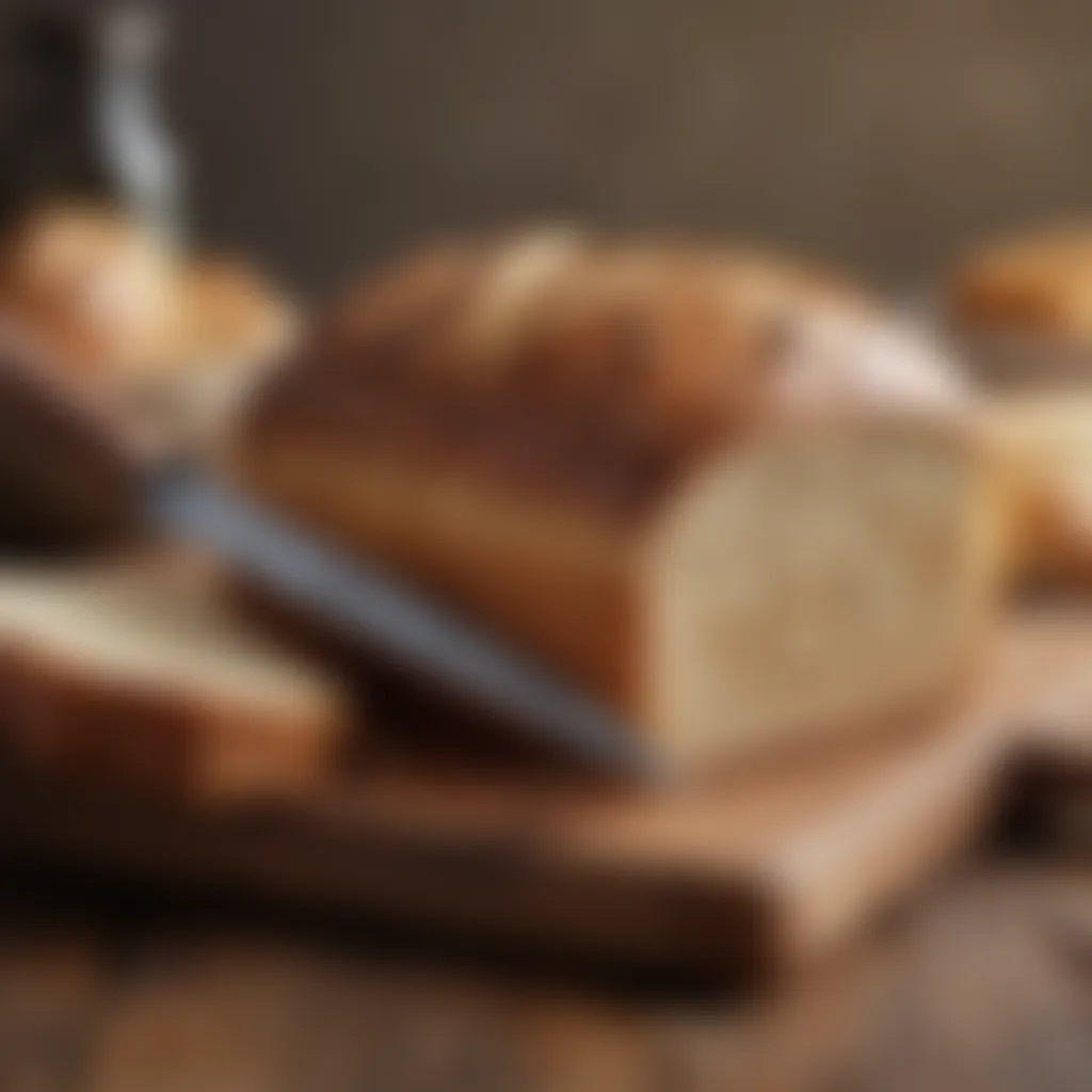 Mercer Millennia 10 Inch Bread Knife resting on a wooden cutting board next to a freshly baked loaf.