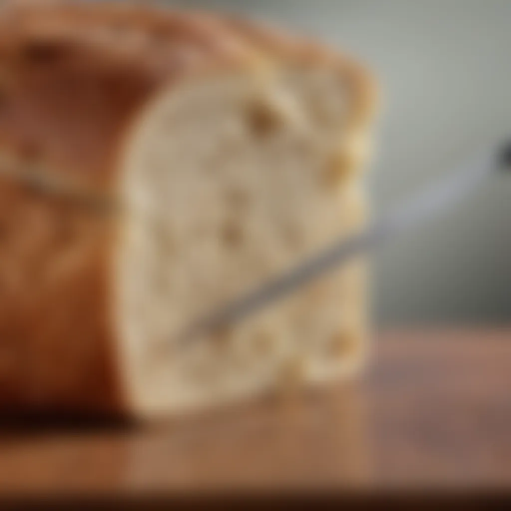 A slice of bread being cut, demonstrating the knife's effectiveness in achieving clean cuts.