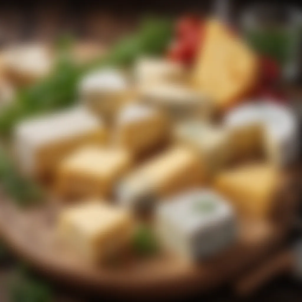 A selection of various non-aged cheeses displayed on a wooden board with fresh herbs.