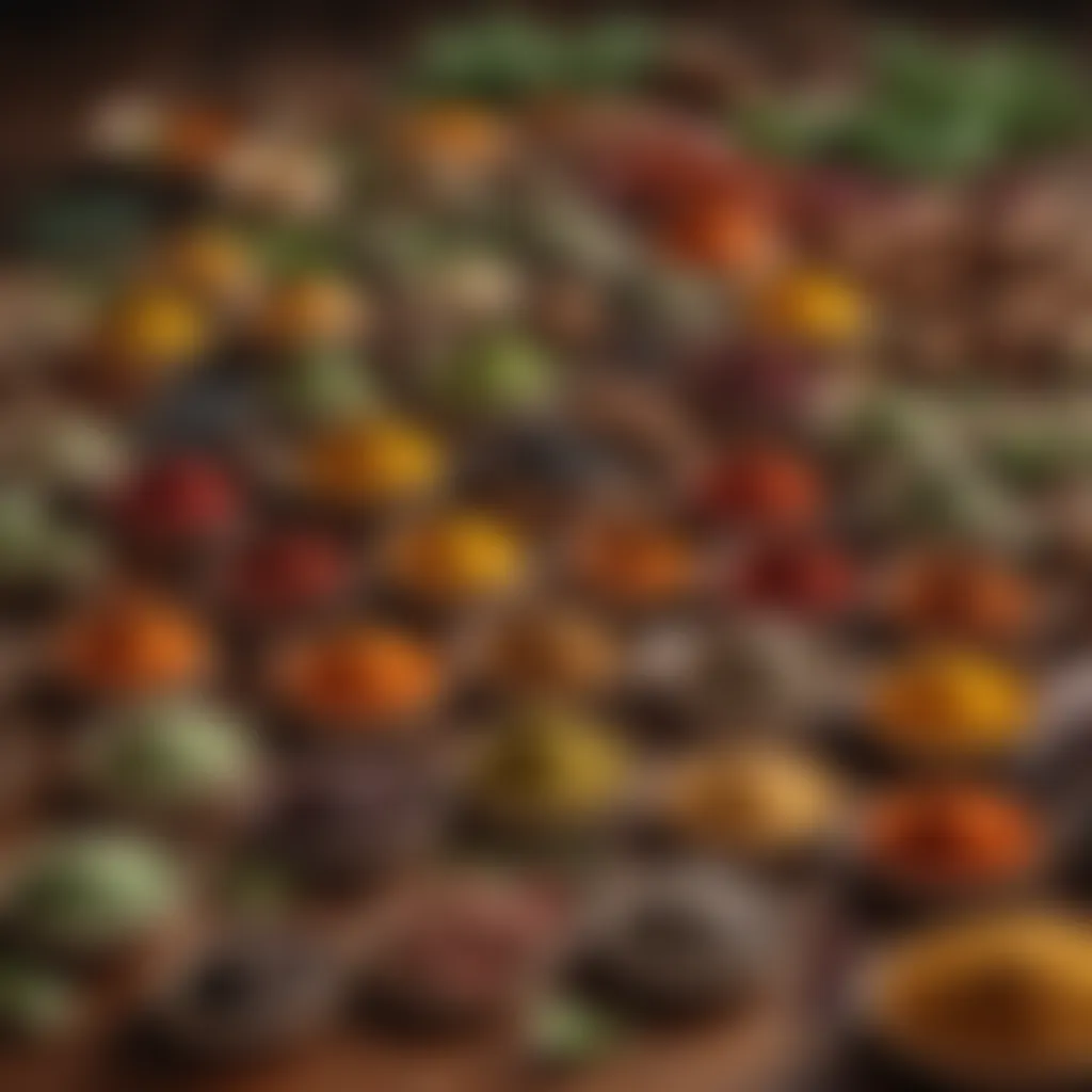 An array of colorful spices and herbs on a wooden table.