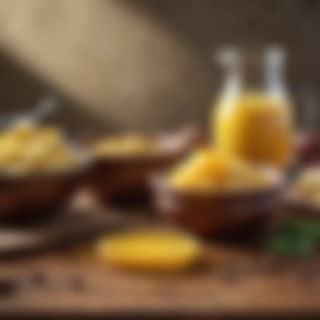 A comparison of ghee with other cooking fats on a wooden table