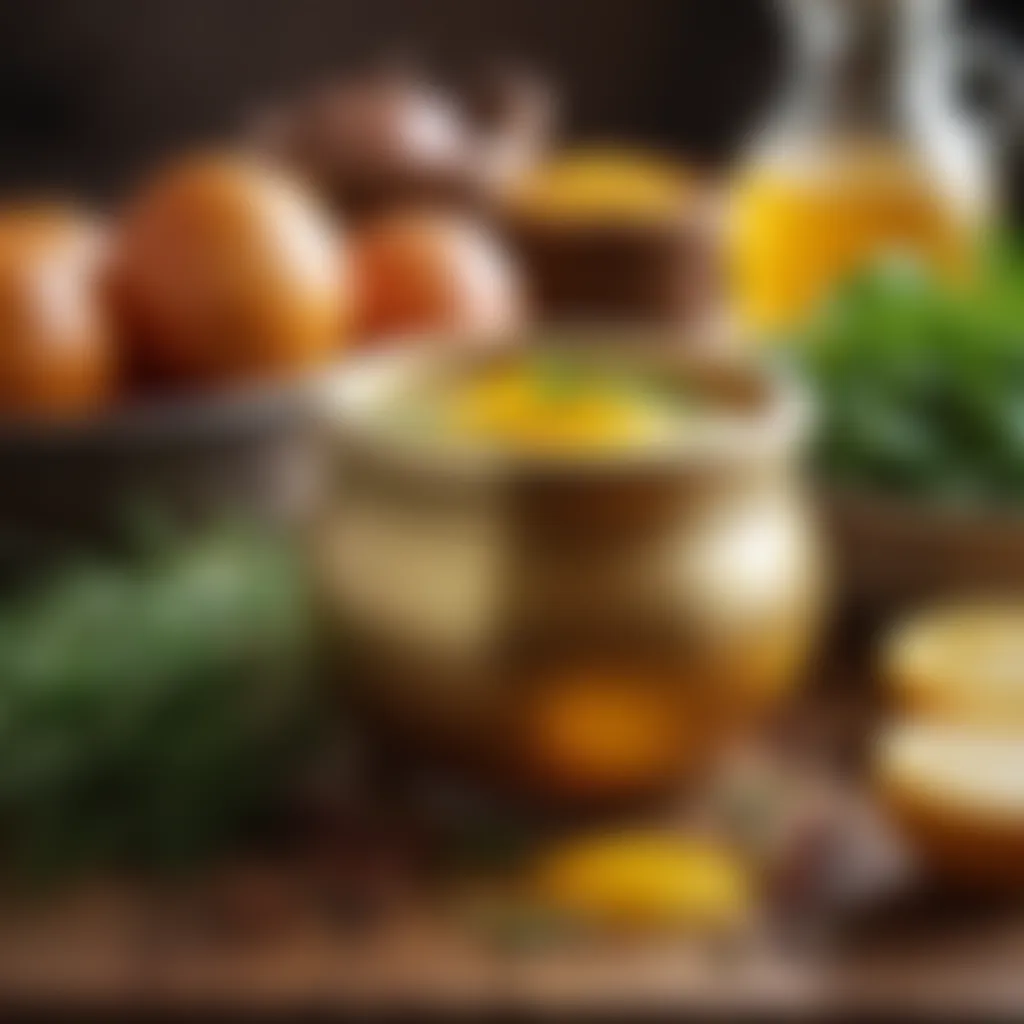 A golden jar of ghee surrounded by fresh herbs and spices