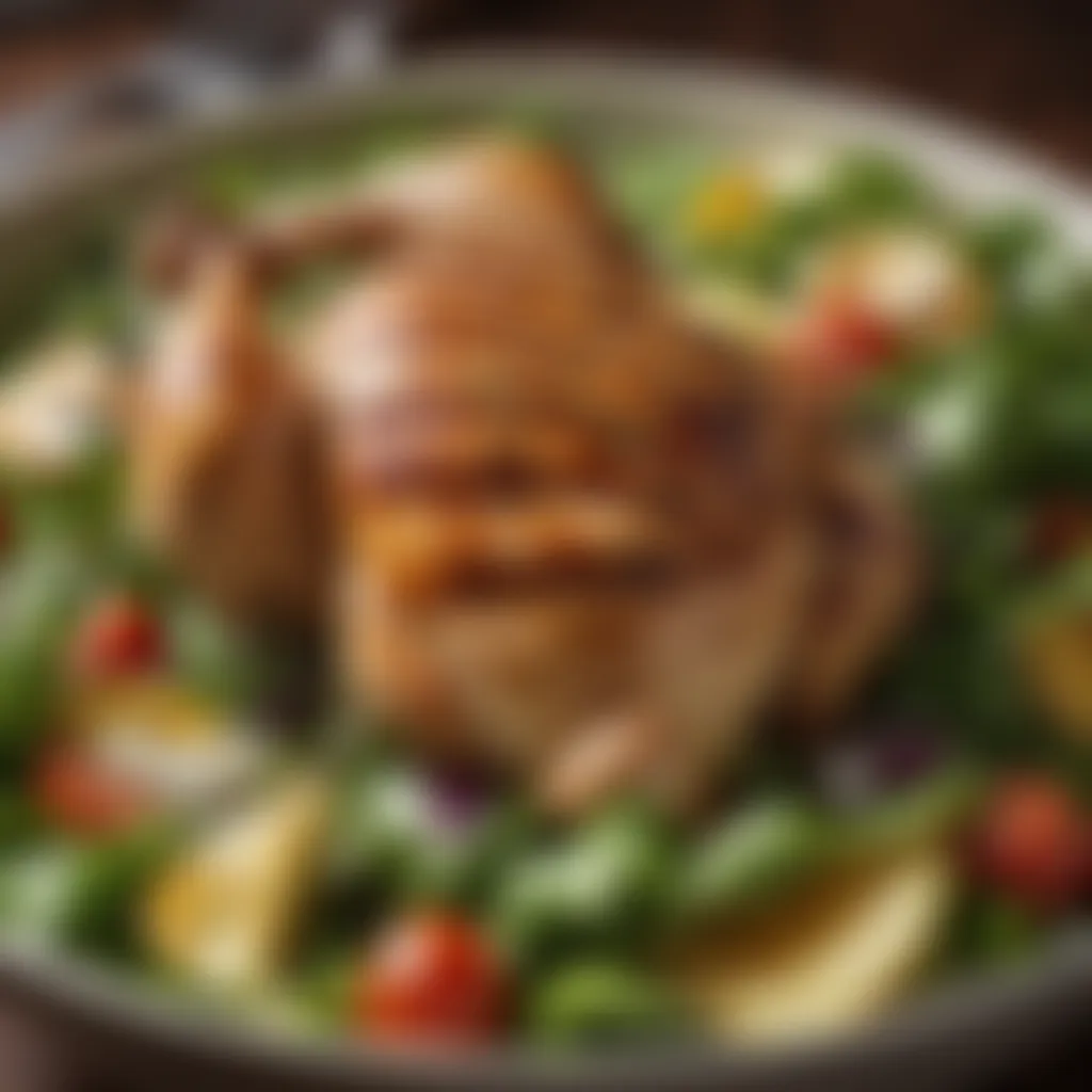 Close-up of grilled chicken in a salad bowl with greens