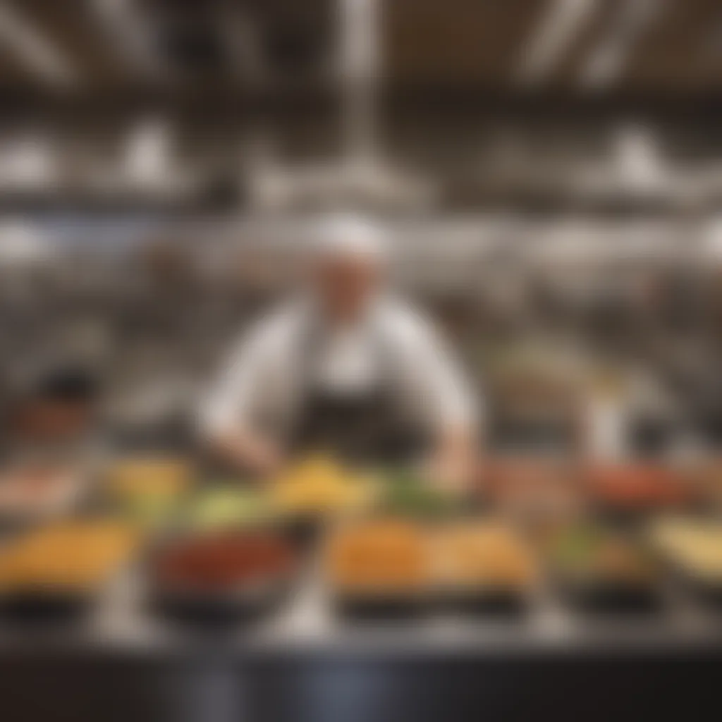 An employee at Chipotle showcasing their work station with tools and ingredients