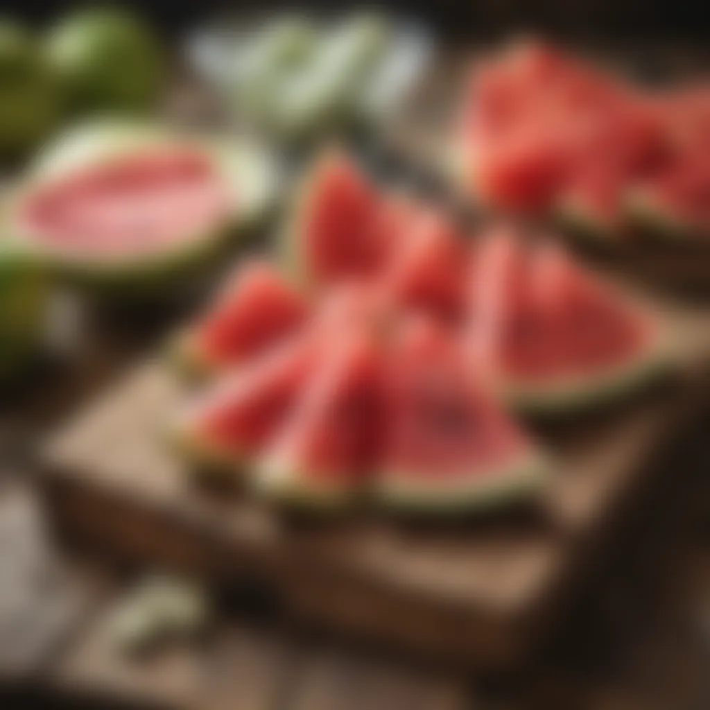 An artistic display of pickled watermelon slices on a rustic wooden table.