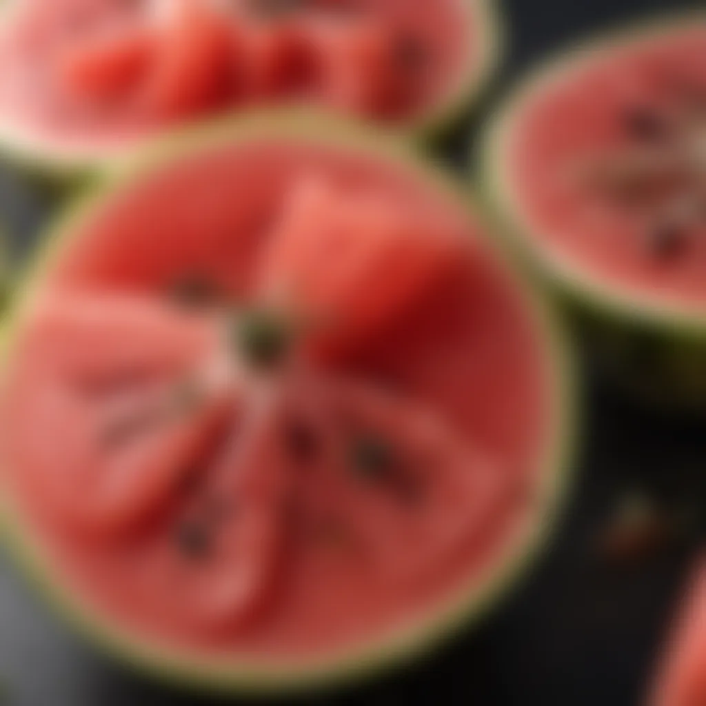 Close-up of pickled watermelon garnished with herbs and spices.