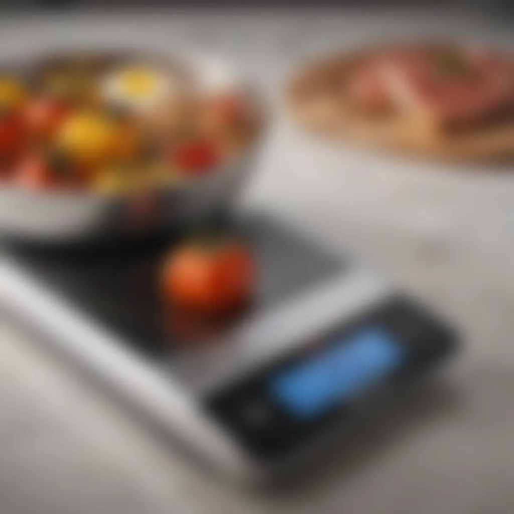 Close-up of the digital display of a rechargeable kitchen scale highlighting its user-friendly interface