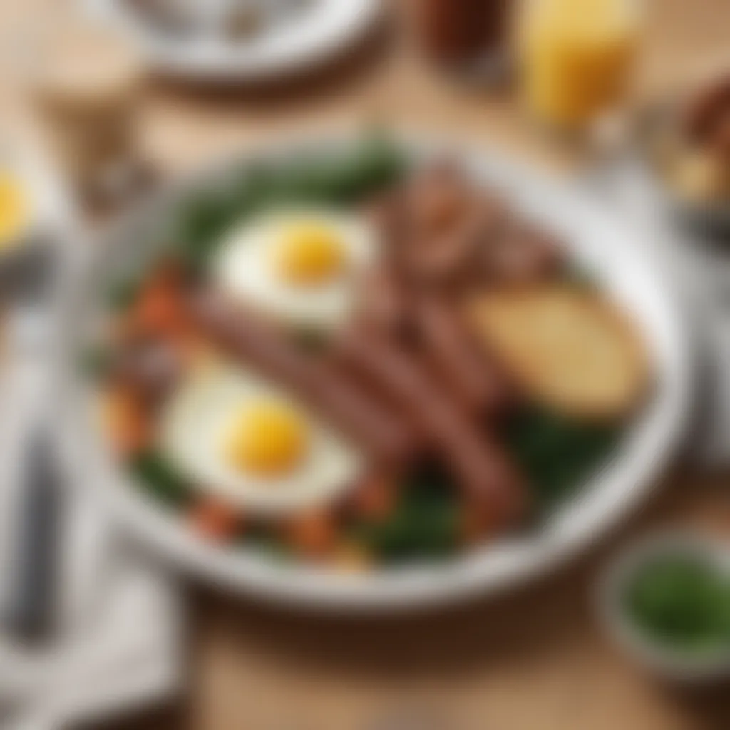 An elegant brunch plate featuring Italian sausage alongside eggs and greens