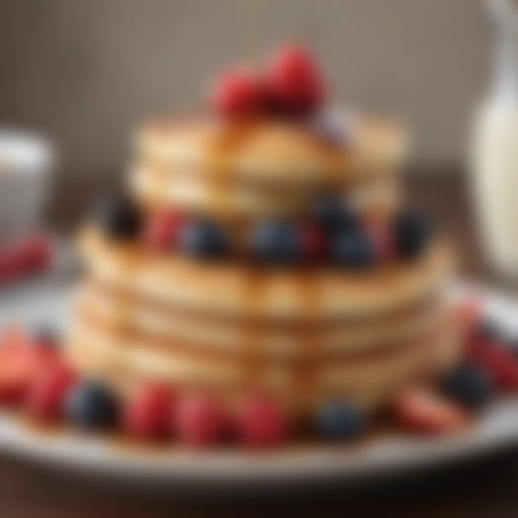 A stack of fluffy pancakes drizzled with maple syrup and berries