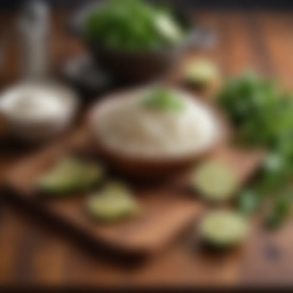 Ingredients for cilantro lime rice displayed on a wooden surface