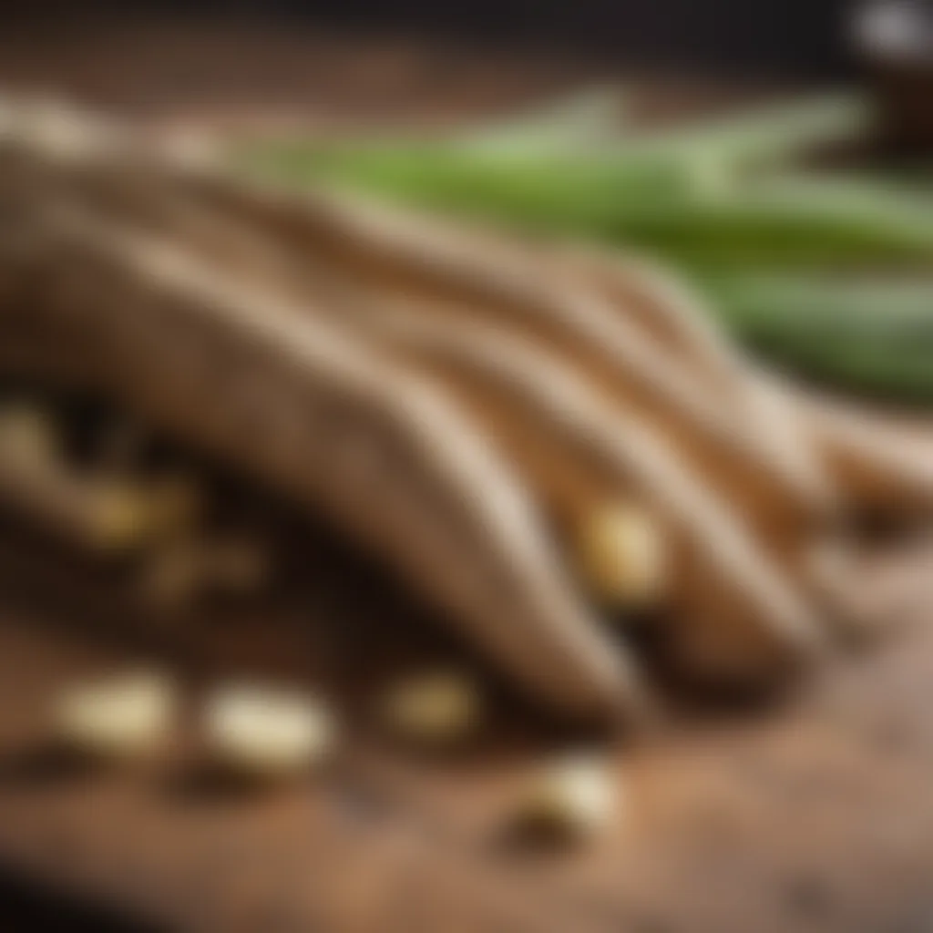 Fresh yuca roots displayed on a wooden table