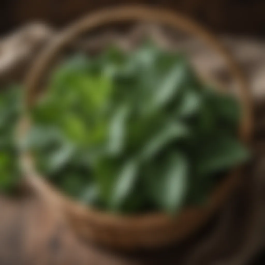 Fresh stinging nettle leaves in a woven basket