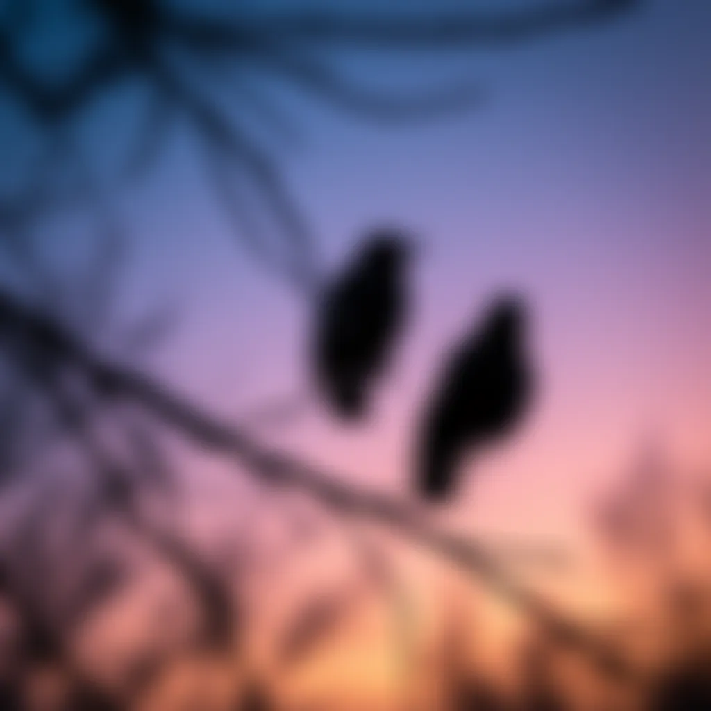 A striking illustration of blackbirds perched on a tree branch against a twilight sky.