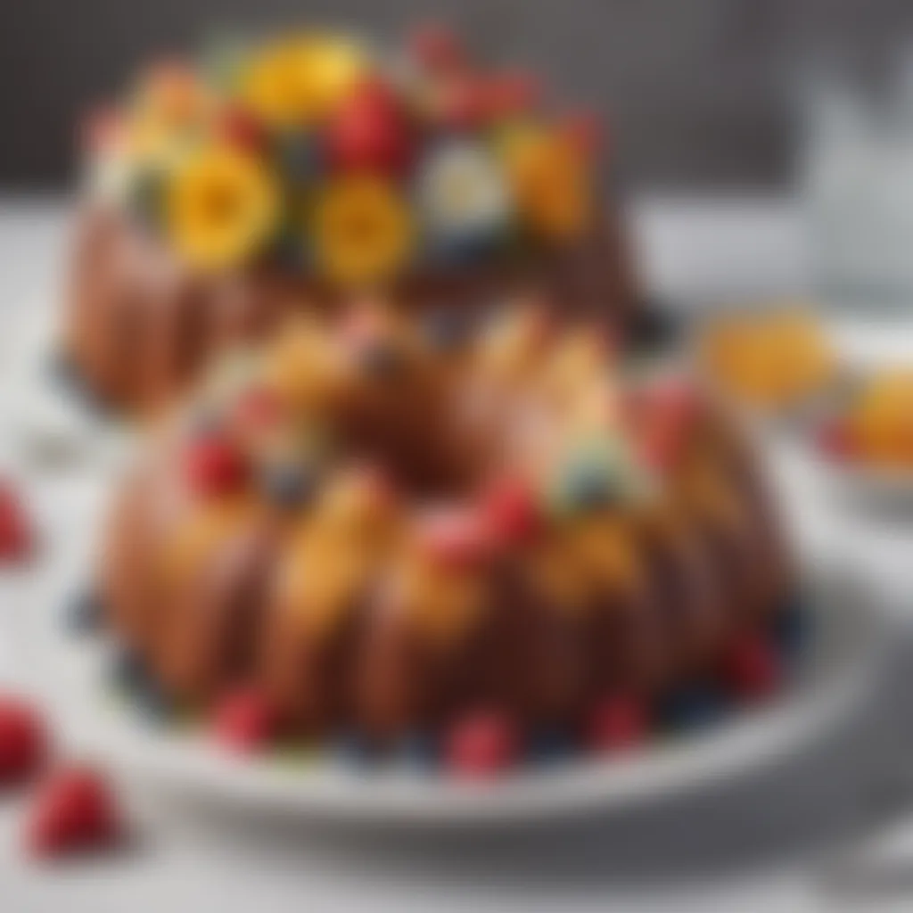 A beautifully decorated bundt cake adorned with fresh fruits and flowers