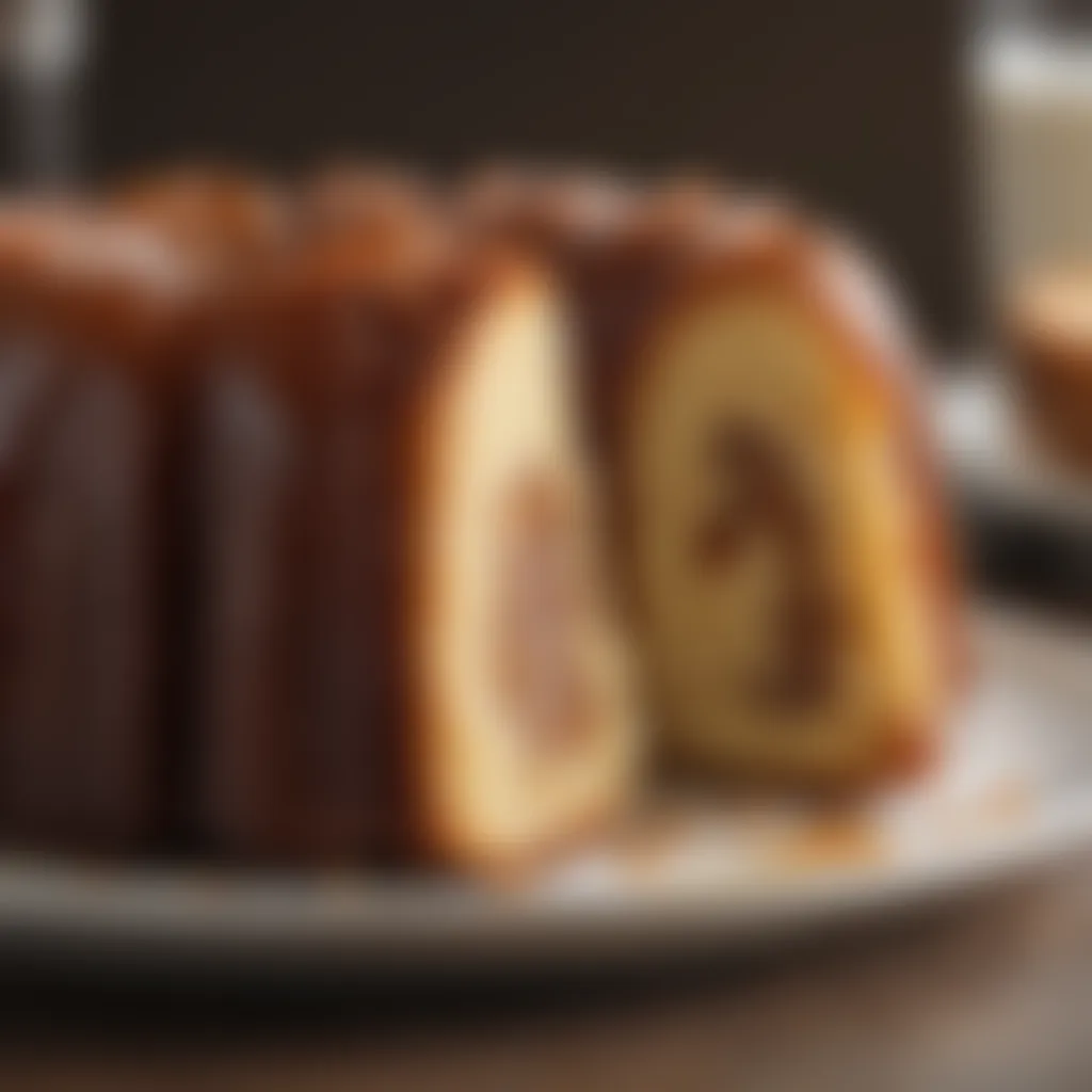 A close-up of a slice of bundt cake revealing its moist texture and rich flavor