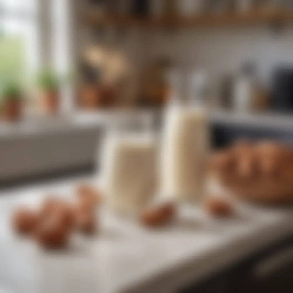 A serene kitchen setting featuring almond milk ingredients on the counter