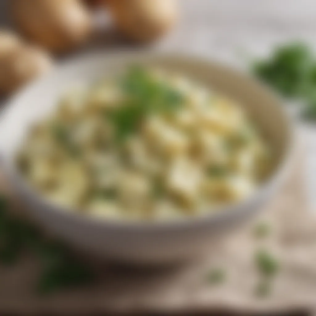 A bowl of creamy potato salad adorned with fresh herbs