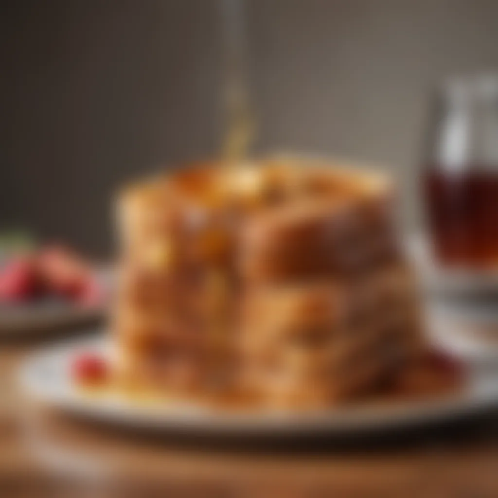 A close-up of a fork lifting a piece of French toast drizzled with maple syrup