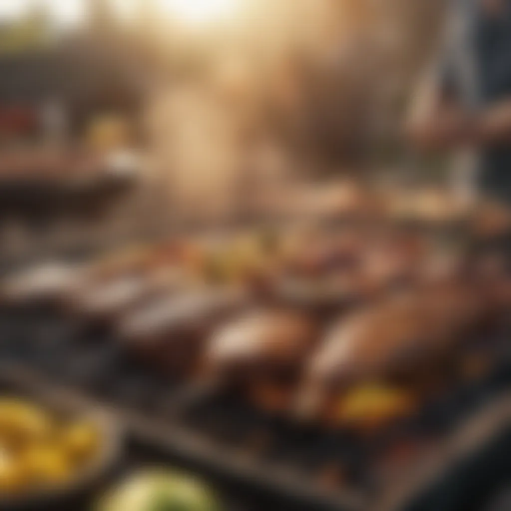 A vibrant barbecue setting featuring an asado cross in use