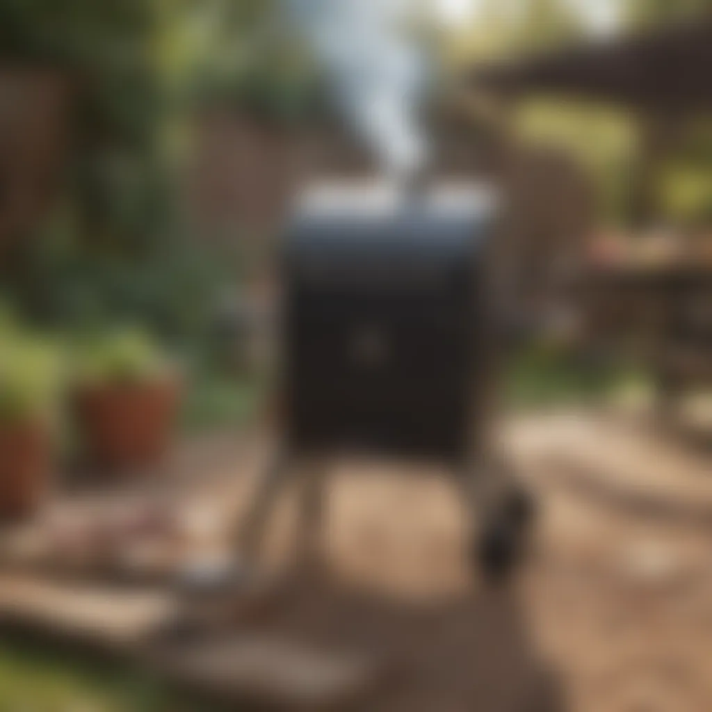 A budget-friendly smoker in a backyard setting with grill tools