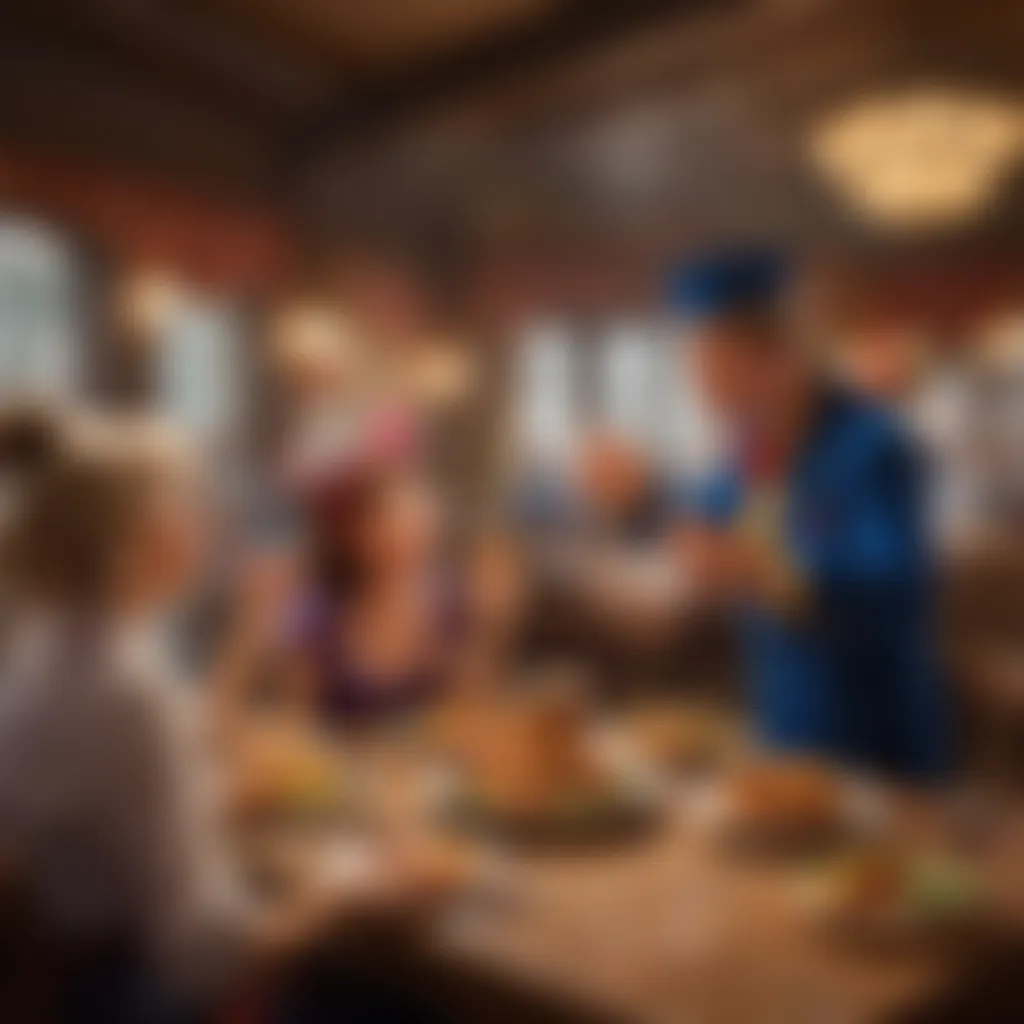 A vibrant dining scene featuring classic Disney characters interacting with guests.