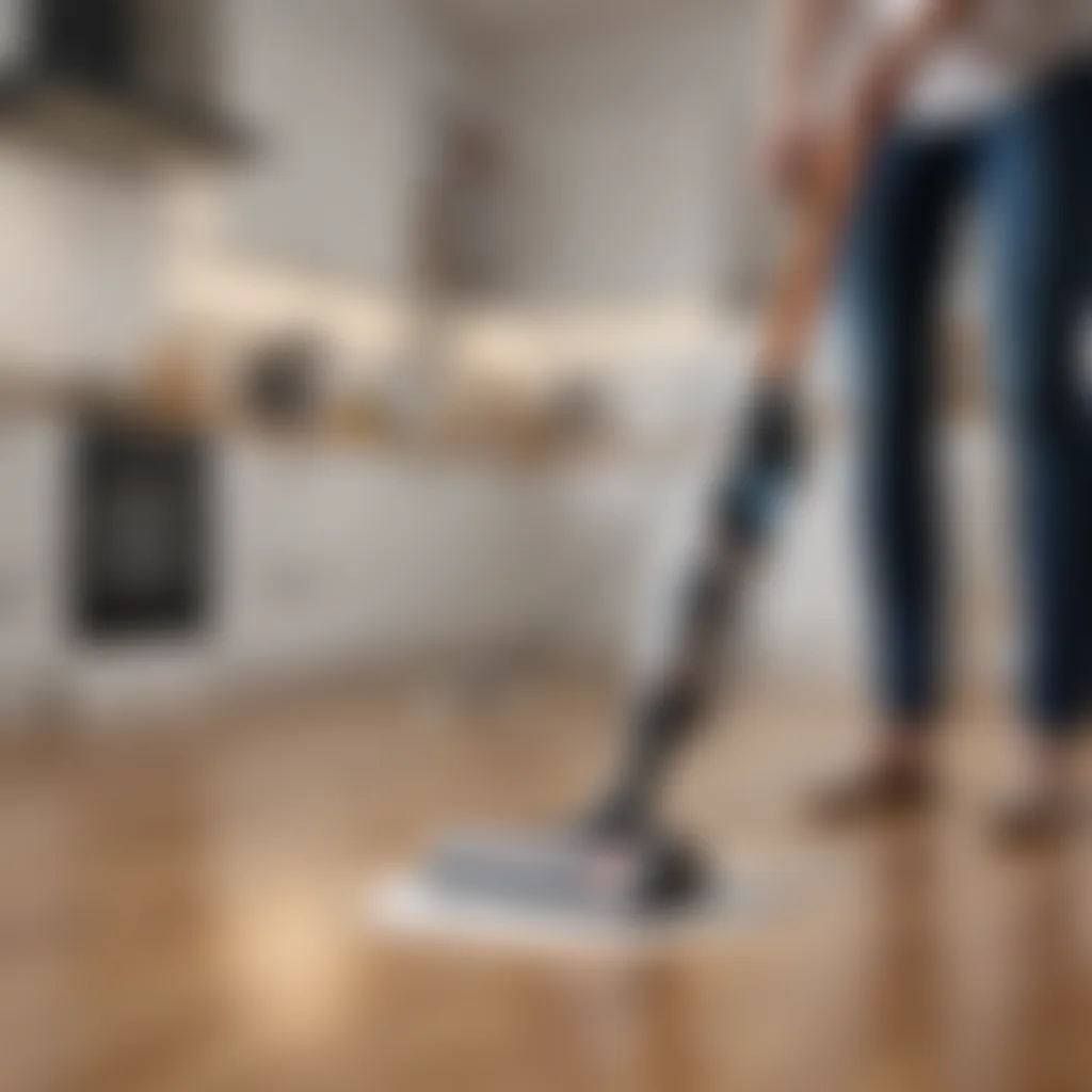 User-Friendly Cordless Cleaning Device User interacting with cordless vacuum and mop, demonstrating ease of use and versatility.