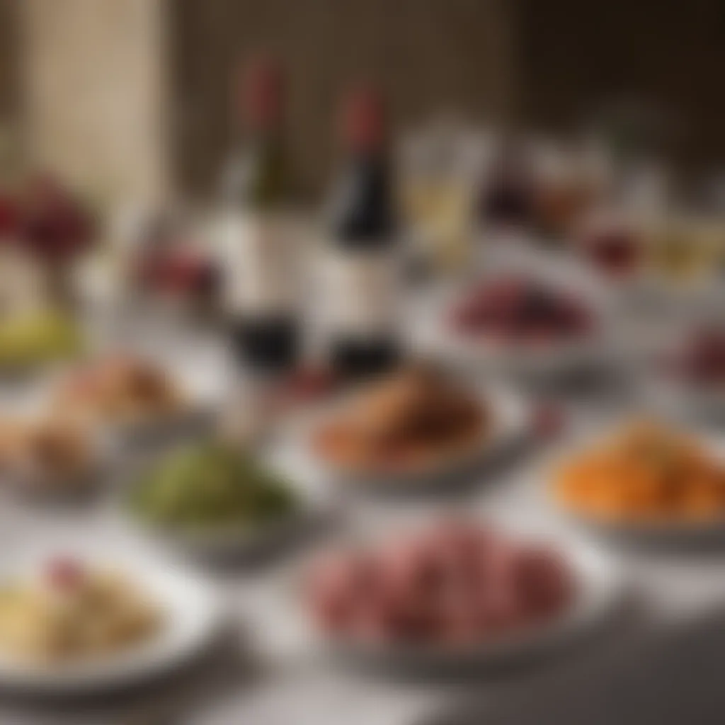 A beautifully arranged table featuring non-alcoholic wines paired with gourmet dishes